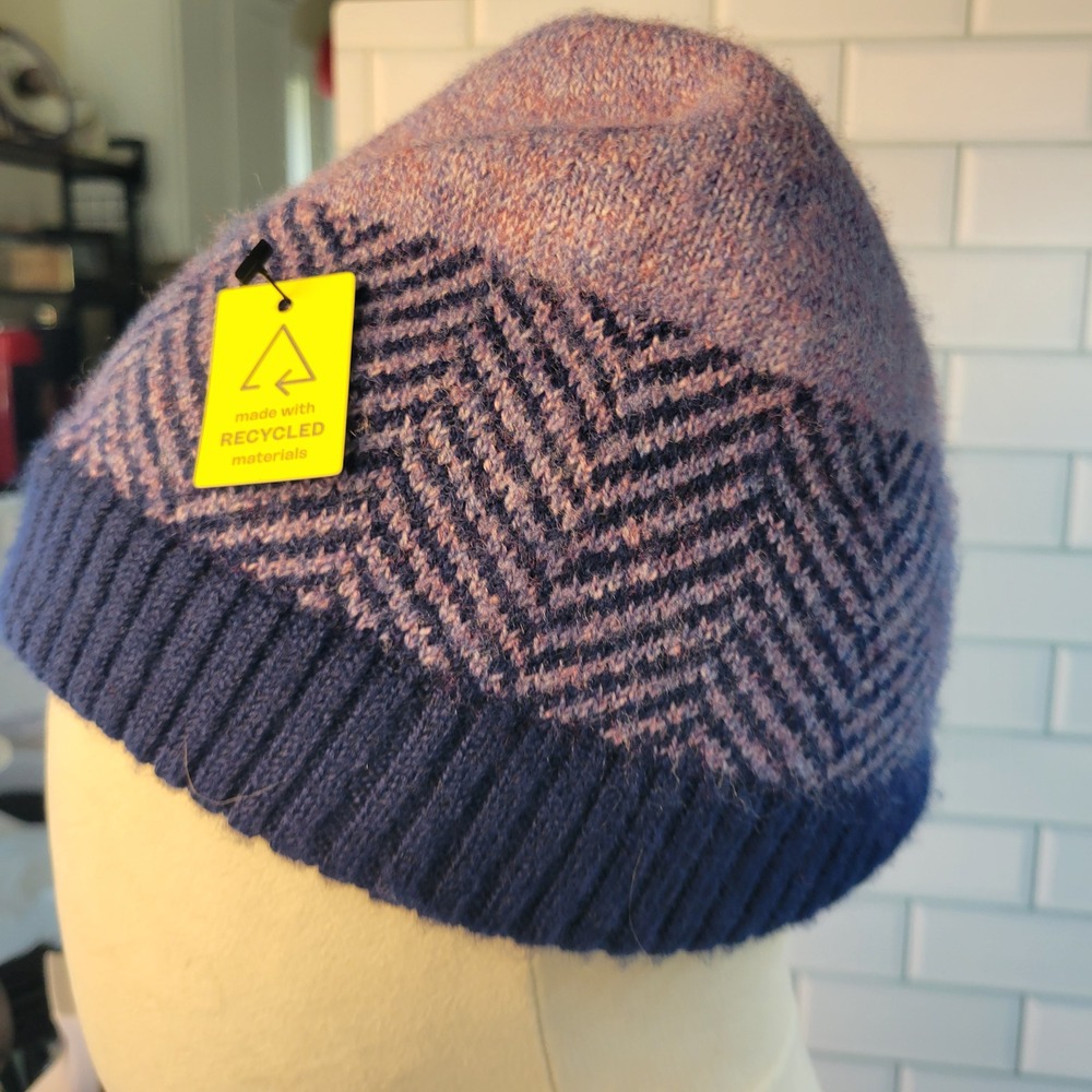 Turtle Fur Womens Purple Navy Chevron Knit Beanie Recycled Material Hat SOFT New